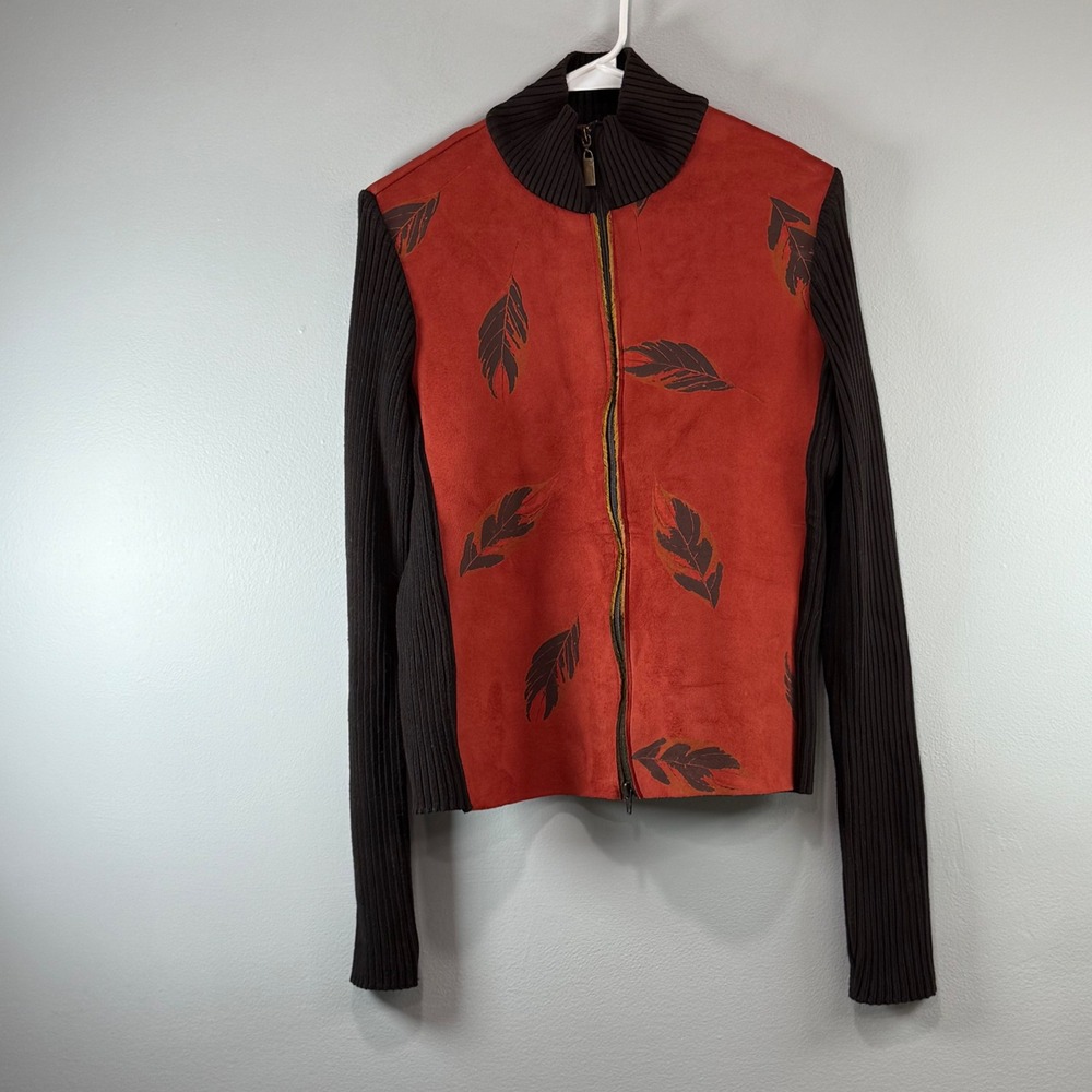 Robert Kitchen Rust Faux Suede Ribbed Knit Leaf Print Zip Up Jacket Womens Med